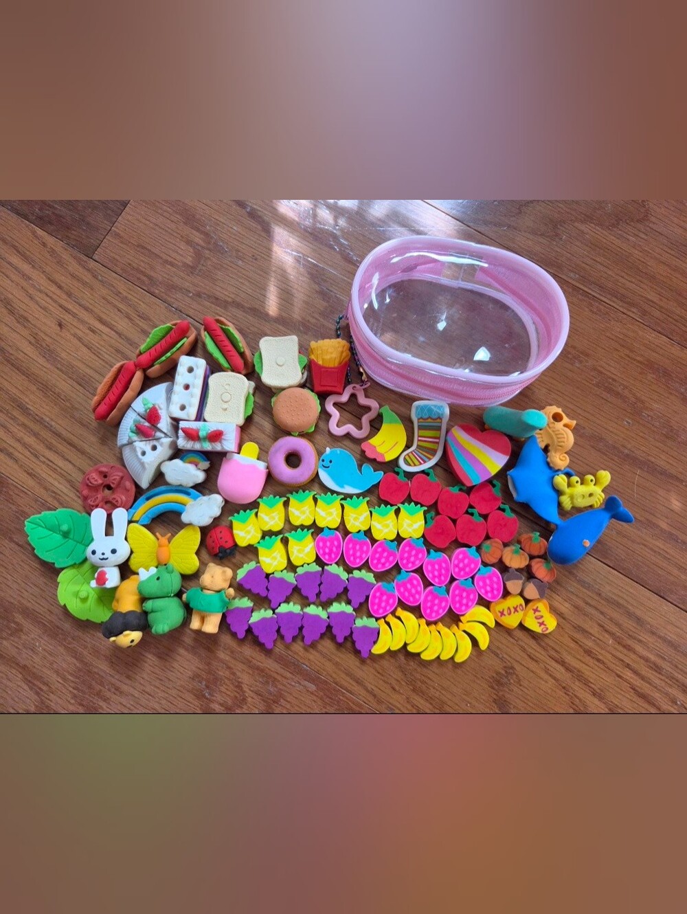 Assorted Kids Toy Eraser Set in Pink Clear Pouch. Mostly New